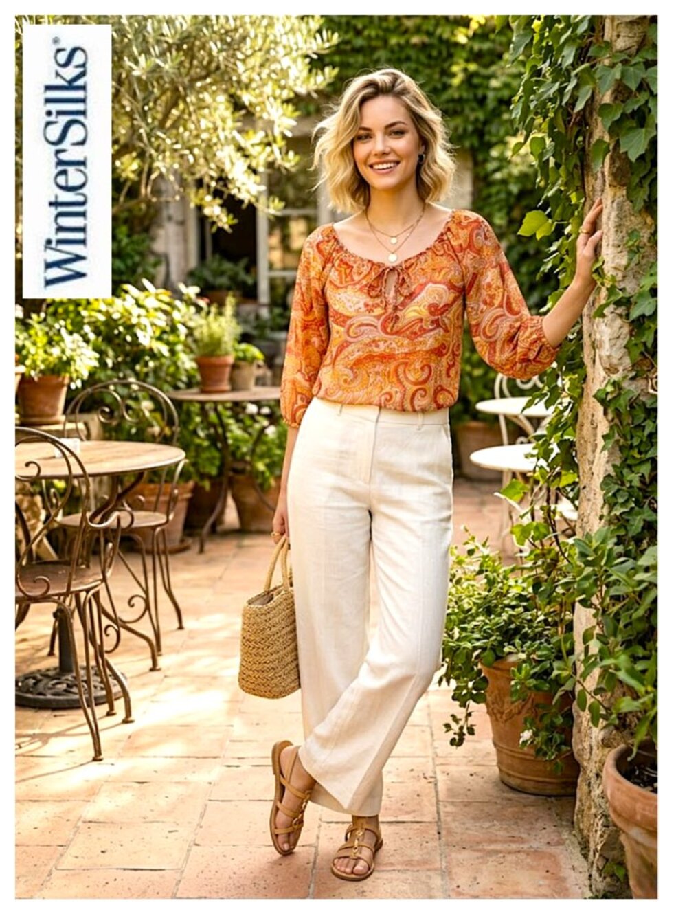(3 for $30) WINTER SILKS - 100% silk Boho short sleeve orange paisley blouse